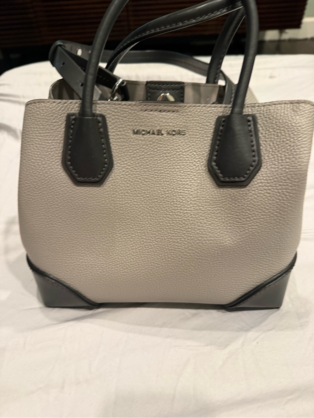 Michael Kors Pebbled Leather Satchel in Light Gray with Black Accents